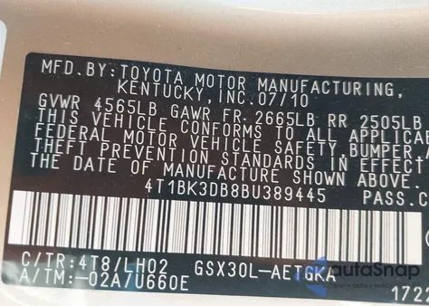 2011 Toyota Avalon from USA, damaged, VIN 4T1BK3DB8BU389445